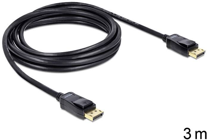 Ein 3 Meter langes schwarzes DisplayPort-Kabel mit einem Stecker an jedem Ende zum Verbinden von Monitoren oder Displays.