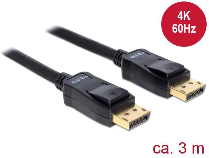 DisplayPort-Kabel, 3 Meter, unterstützt 4K bei 60Hz, schwarzes Design, zwei Steckerenden mit goldenen Kontakten.