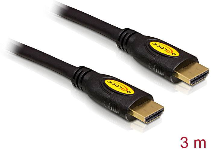 Zwei schwarze HDMI-Kabel mit je einem goldenen Stecker, Länge 3 Meter, auf weißem Hintergrund.