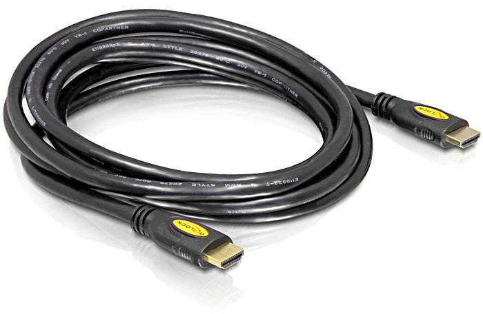 Ein schwarzes HDMI-Kabel mit zwei goldenen Steckern, aufgerollt und bereit zur Verwendung für Audio- und Videoverbindungen.
