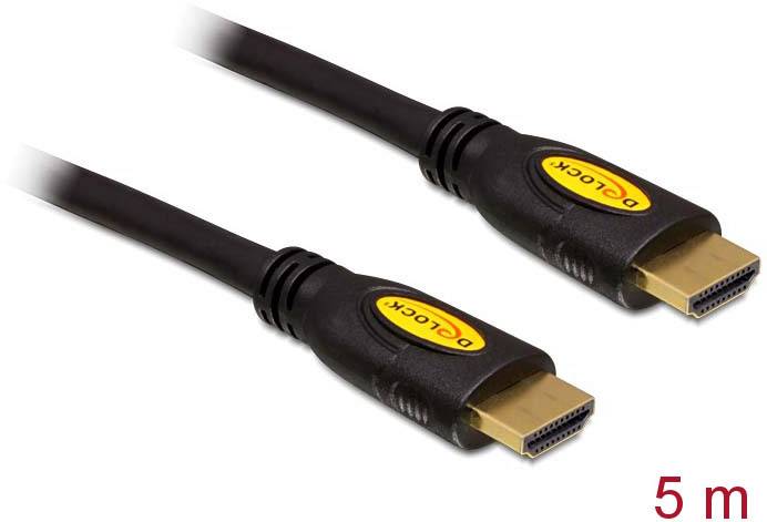 Schwarzes HDMI-Kabel mit zwei Steckern, Länge 5 Meter, geeignet für Audio- und Videoverbindungen von Geräten.