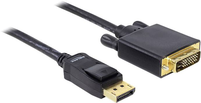 Ein schwarzes Kabel mit einem DisplayPort-Stecker auf der einen und einem DVI-Stecker auf der anderen Seite für Videoverbindungen.