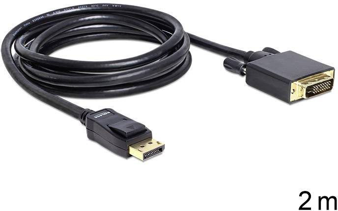 Ein 2 Meter langes Kabel mit einem DisplayPort-Stecker auf der einen Seite und einem DVI-Anschluss auf der anderen Seite.