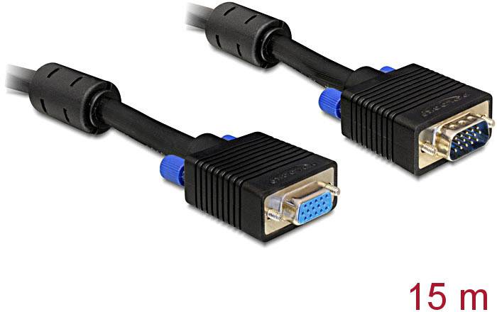 Delock VGA Verlängerungskabel VGA 15pol. Stecker, VGA 15pol. Buchse 15.00 m Schwarz 82568 mit Ferritkern VGA-Kabel