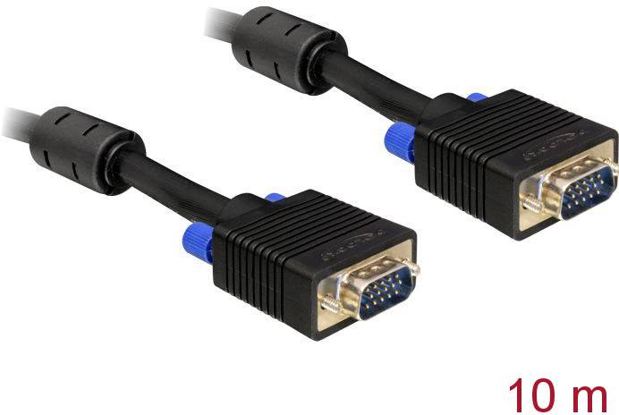 Ein zehn Meter langes VGA-Kabel mit zwei schwarzen Steckern und blauen Schrauben.