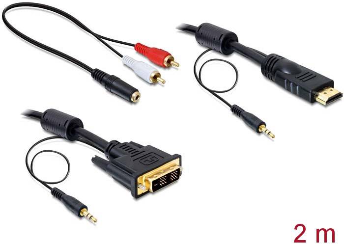 Delock DVI / HDMI / Klinke Adapterkabel DVI-D 18+1pol. Stecker, HDMI-A Stecker 2.00 m Schwarz 84455 mit Ferritkern, vergoldete Steckkontakte
