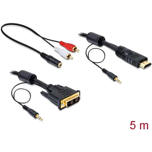 Delock DVI / HDMI / Klinke Adapterkabel DVI-D 18+1pol. Stecker, HDMI-A Stecker 5.00 m Schwarz 84457 mit Ferritkern, vergoldete Steckkontakte Delock DVI / HDMI / Klinke Adapterkabel DVI-D 18+1pol. Stecker, HDMI-A Stecker 5.00 m Schwarz 84457 mit Ferritkern, vergoldete Steckkontakte