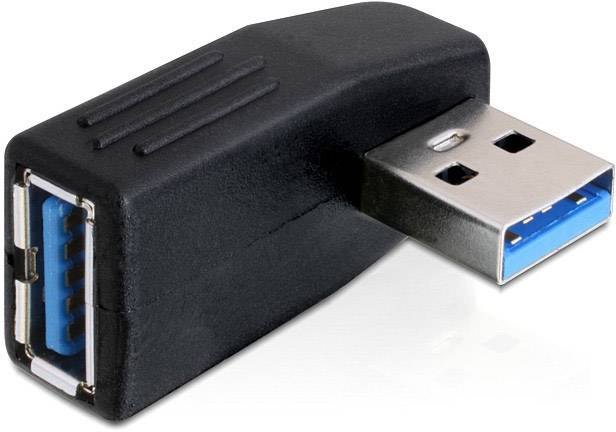 Ein schwarzer USB-Adapter mit einem blauen USB-3.0-Anschluss, zeigt den USB-Stecker und den USB-Buchsenadapter.