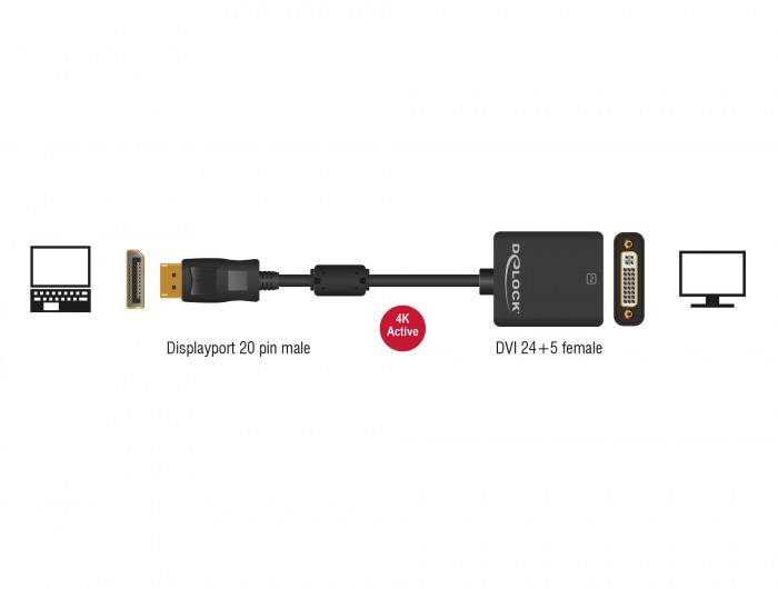 Delock DisplayPort / DVI Adapterkabel DisplayPort Stecker, DVI-I 24+5pol. Buchse 0.20m Schwarz 62599 vergoldete Steckkontakte