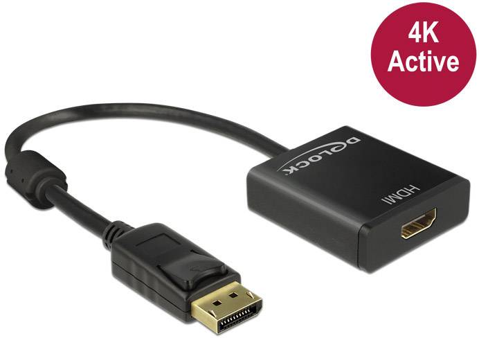 'Delock'-Adapterkabel mit DisplayPort-Stecker und HDMI-Buchse, geeignet für 4K-Übertragung. Rotes Label mit Aufschrift '4K Active'.