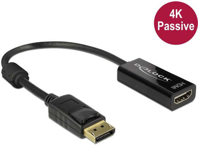 DisplayPort-zu-HDMI-Adapter von Delock, unterstützt 4K-Auflösung, schwarzes Kabel, auf rotem Kreistext '4K Passive' hingewiesen.