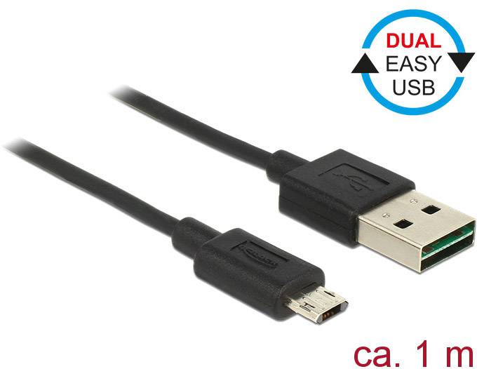 Delock USB-Kabel USB 2.0 USB-A Stecker, USB-Micro-B Stecker 1.00 m Schwarz beidseitig verwendbarer Stecker, vergoldete Steckkontakte 83844