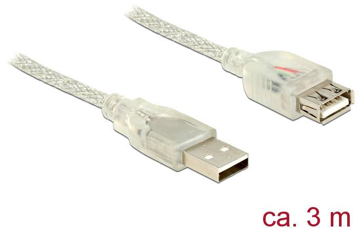 Delock USB-Kabel USB 2.0 USB-A Stecker, USB-A Buchse 3.00 m Transparent mit Ferritkern 83884