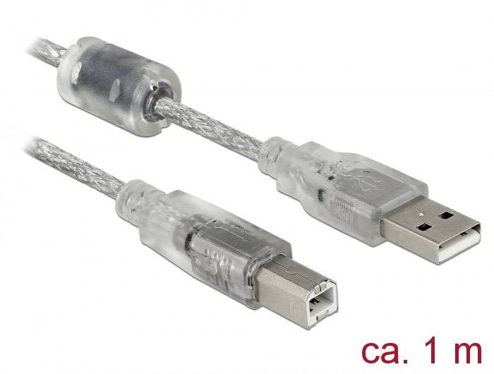 Delock USB-Kabel USB 2.0 USB-A Stecker, USB-B Stecker 1.00 m Transparent mit Ferritkern 83892