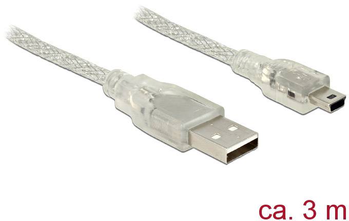 Delock USB-Kabel USB 2.0 USB-A Stecker, USB-Mini-B Stecker 3.00 m Transparent mit Ferritkern 83908