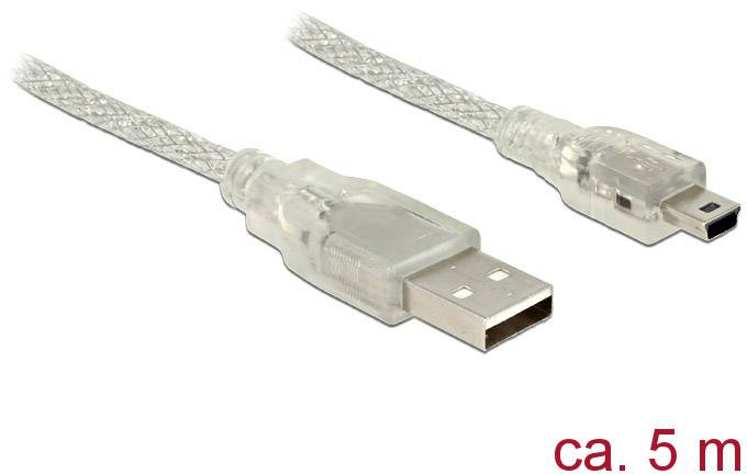 Delock USB-Kabel USB 2.0 USB-A Stecker, USB-Mini-B Stecker 5.00 m Transparent mit Ferritkern 83909