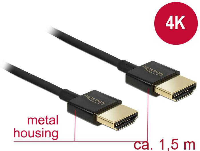 Ein HDMI-Kabel mit Metallgehäuse und einer Länge von ca. 1,5 m, geeignet für 4K-Übertragung.