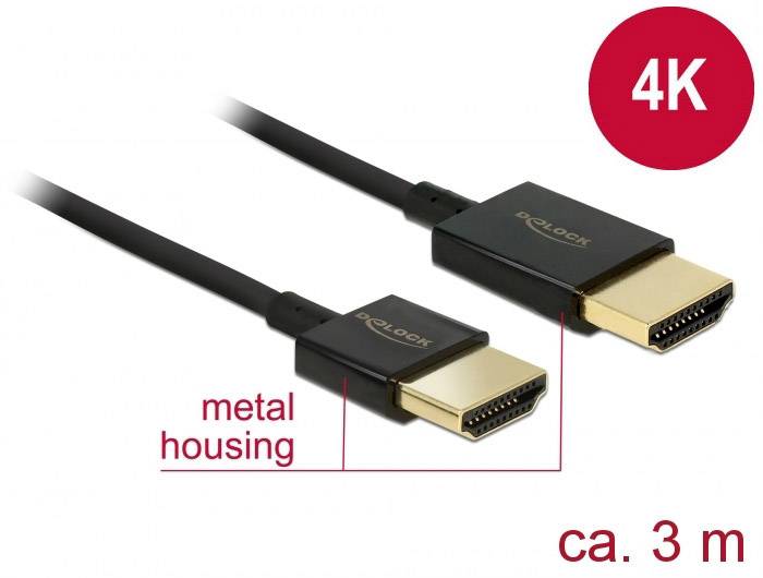 Delock HDMI Anschlusskabel HDMI-A Stecker, HDMI-A Stecker 3.00 m Schwarz 84774 4K UHD, vergoldete Steckkontakte HDMI-Kabel