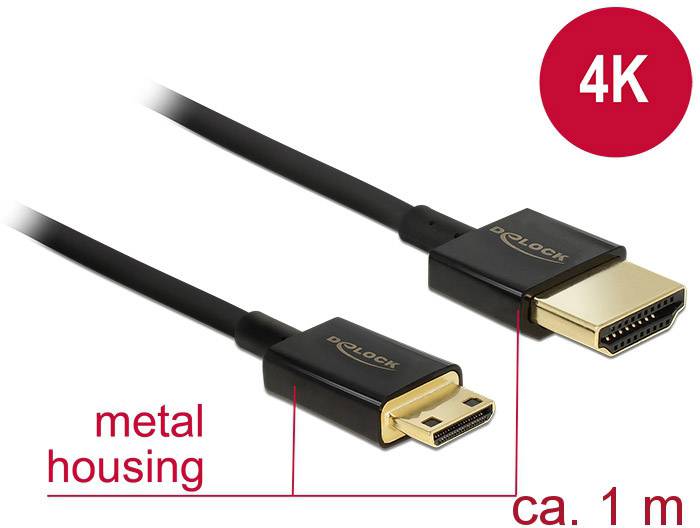 Delock HDMI Anschlusskabel HDMI-A Stecker, HDMI-Mini-C Stecker 1.00 m Schwarz 84776 4K UHD, vergoldete Steckkontakte HDMI-Kabel