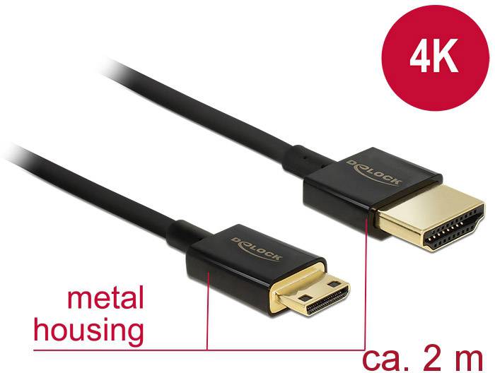 Delock HDMI Anschlusskabel HDMI-A Stecker, HDMI-Mini-C Stecker 2.00 m Schwarz 84778 4K UHD, vergoldete Steckkontakte HDMI-Kabel