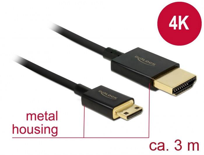 Delock HDMI Anschlusskabel HDMI-A Stecker, HDMI-Mini-C Stecker 3.00 m Schwarz 84779 4K UHD, vergoldete Steckkontakte HDMI-Kabel