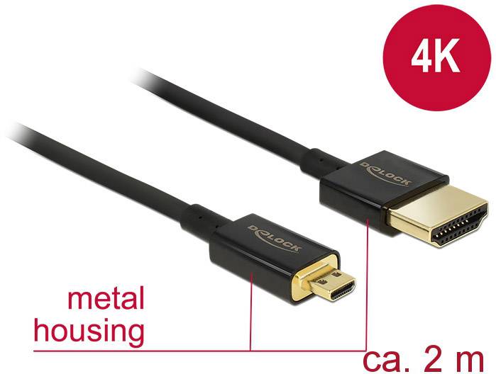 HDMI-Kabel mit 2 m Länge, unterstützt 4K-Auflösung. Schwarzes Kabel mit goldenen Steckern und Metallgehäuse.