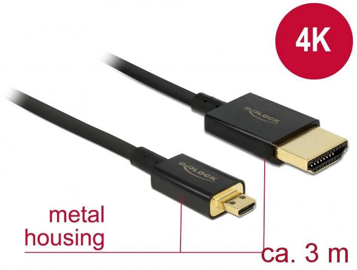 Delock HDMI Anschlusskabel HDMI-A Stecker, HDMI-Micro-D Stecker 3.00 m Schwarz 84784 4K UHD, vergoldete Steckkontakte HDMI-Kabel