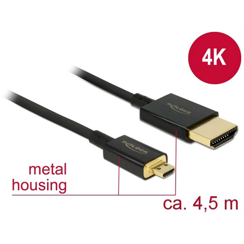 Delock HDMI Anschlusskabel HDMI-A Stecker, HDMI-Micro-D Stecker 4.50m Schwarz 84785 vergoldete Steckkontakte HDMI-Kabel