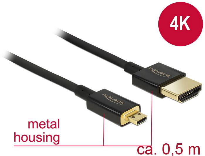 Delock HDMI Anschlusskabel HDMI-A Stecker, HDMI-Micro-D Stecker 0.50 m Schwarz 84788 4K UHD, vergol