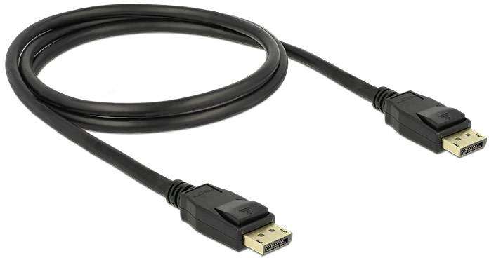 Schwarzes DisplayPort-Kabel mit goldenen Steckern. Wird verwendet, um Audio- und Videosignale zu übertragen, z.B. von PC zu Monitor.