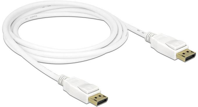 Weißes DisplayPort-Kabel mit zwei Anschlüssen, geeignet für die Verbindung zwischen Monitor und Computer für hochauflösendes Video.