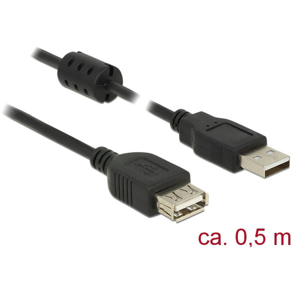 Delock USB-Kabel USB 2.0 USB-A Stecker, USB-A Buchse 0.50m Schwarz mit Ferritkern 84882