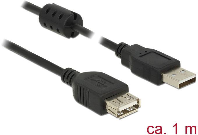 Delock USB-Kabel USB 2.0 USB-A Stecker, USB-A Buchse 1.00 m Schwarz mit Ferritkern 84883