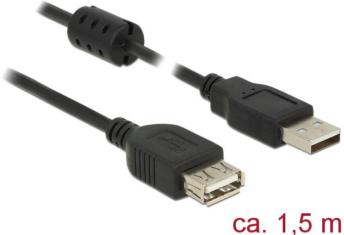 Delock USB-Kabel USB 2.0 USB-A Stecker, USB-A Buchse 1.50 m Schwarz mit Ferritkern 84884