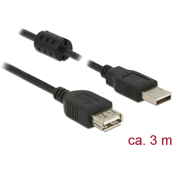 Delock USB-Kabel USB 2.0 USB-A Stecker, USB-A Buchse 3.00m Schwarz mit Ferritkern 84886