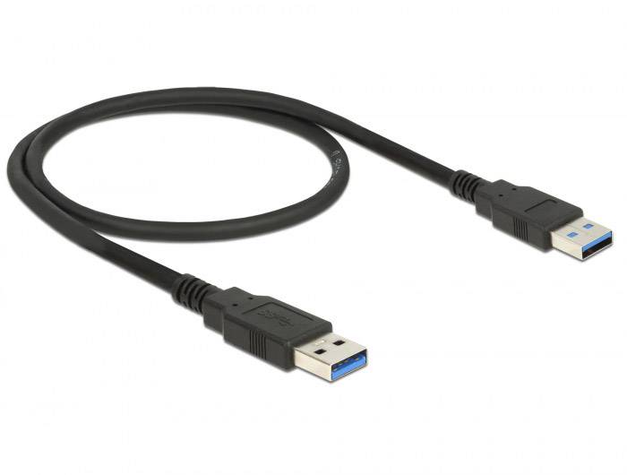 Ein schwarzes USB-Kabel mit zwei USB-Steckern an beiden Enden, geeignet zum Verbinden von Geräten mit USB-Anschlüssen.