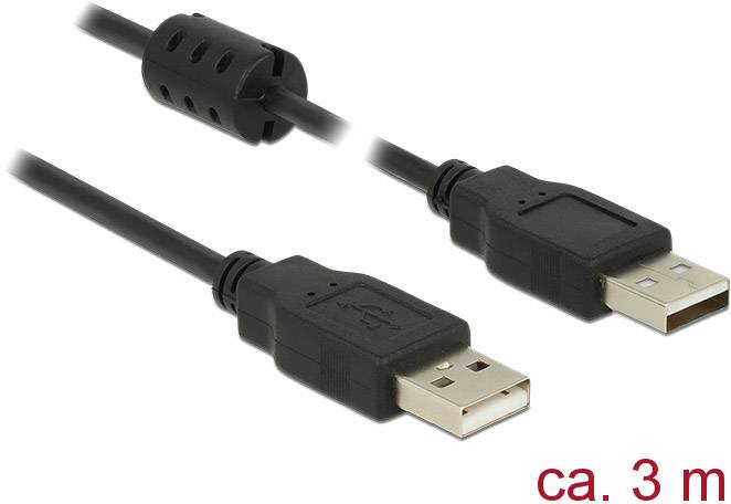 Delock USB-Kabel USB 2.0 USB-A Stecker, USB-A Stecker 3.00 m Schwarz mit Ferritkern 84892