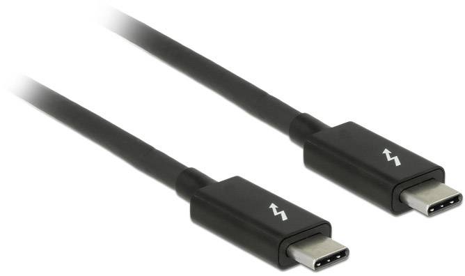 Zwei schwarze USB-C-Kabel mit einem Blitzsymbol auf den Steckern, das auf schnelle Datenübertragung oder Thunderbolt-Kompatibilität hinweist.