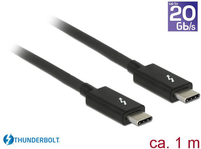 Zwei schwarze Thunderbolt-Kabel mit USB-C-Anschlüssen. Unterstützung für bis zu 20 Gbit/s Datenübertragung. Länge ca. 1 m.