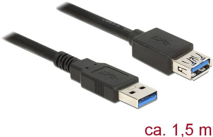 Ein schwarzes USB-Verlängerungskabel mit Stecker und Buchse, Länge ca. 1,5 Meter.