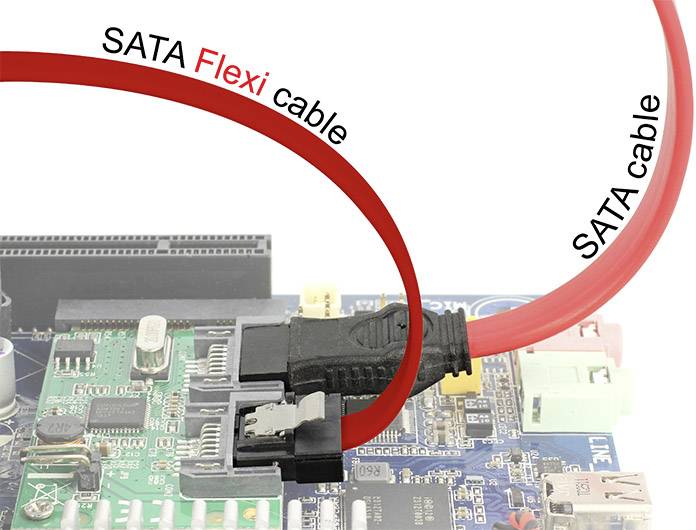 Zwei SATA-Kabel, ein rotes 'SATA Flexi cable' und ein schwarzes 'SATA cable', verbunden mit einer Computerplatine.