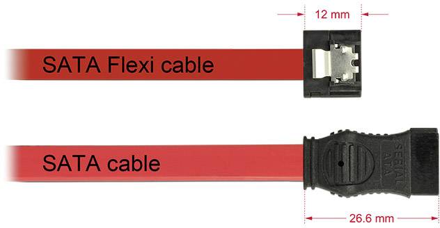 Zwei SATA-Kabel: eins mit Flexi-Anschluss, das andere Standard. Flexi-Anschluss ist 12 mm breit, Standard ist 26,6 mm breit.