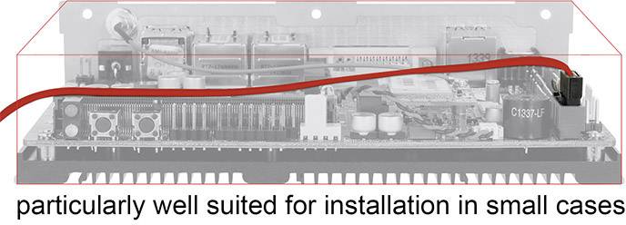 Ein elektronisches Gerät in einem Gehäuse. Text: 'besonders gut geeignet für den Einbau in kleine Gehäuse'.