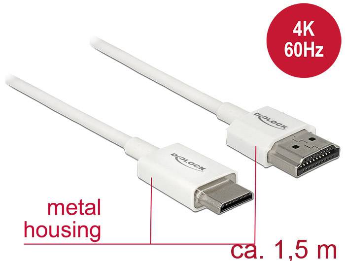 Delock HDMI Anschlusskabel HDMI-A Stecker, HDMI-Mini-C Stecker 1.50 m Weiß 85143 4K UHD, vergoldete Steckkontakte HDMI-Kabel