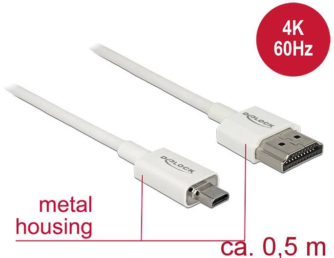 Delock HDMI Anschlusskabel HDMI-A Stecker, HDMI-Micro-D Stecker 0.50 m Weiß 85148 4K UHD, vergoldete Steckkontakte HDMI-Kabel
