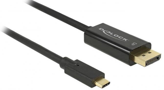 Ein USB-C-zu-DisplayPort-Kabel, Marke Delock. Zeigt zwei verschiedene Anschlüsse: USB-C-Stecker und DisplayPort-Stecker.