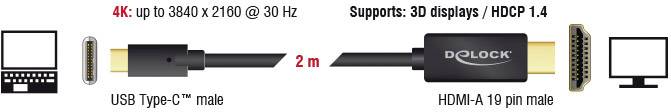 Delock USB-C® / HDMI Adapterkabel USB-C® Stecker, HDMI-A Stecker 2.00 m Schwarz 85259 vergoldete Steckkontakte USB-C®-Displaykabel