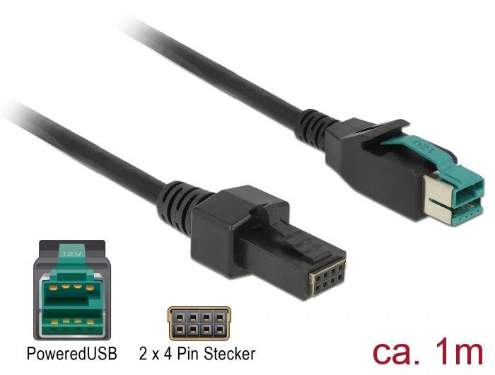 Delock USB-Kabel USB 2.0 PoweredUSB 12V Stecker, PoweredUSB 12V 2x4pol. Stecker 1.00 m Schwarz 85482