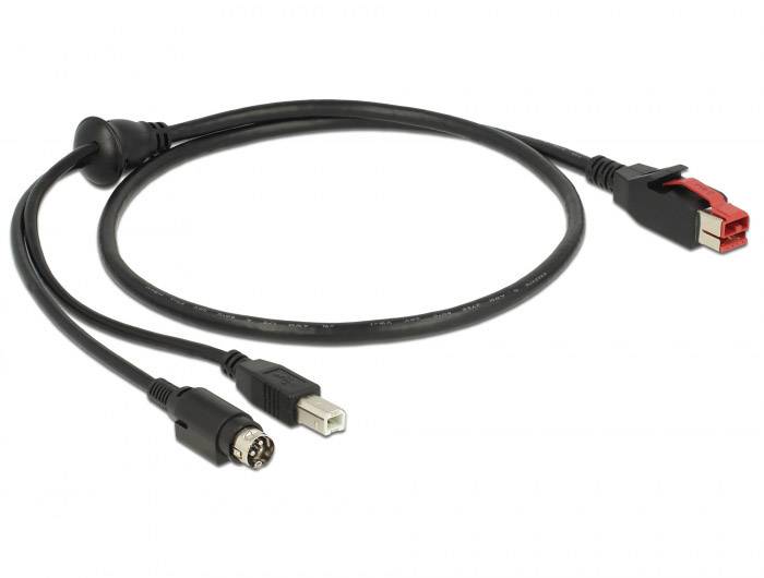 Delock USB-Kabel USB 2.0 PoweredUSB 24V Stecker, USB-B Stecker, Hosiden Mini-DIN 3pol. Stecker 1.00 m Schwarz 85487