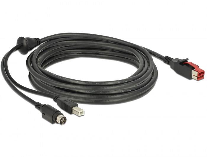 Delock USB-Kabel USB 2.0 PoweredUSB 24V Stecker, USB-B Stecker, Hosiden Mini-DIN 3pol. Stecker 5.00 m Schwarz 85491